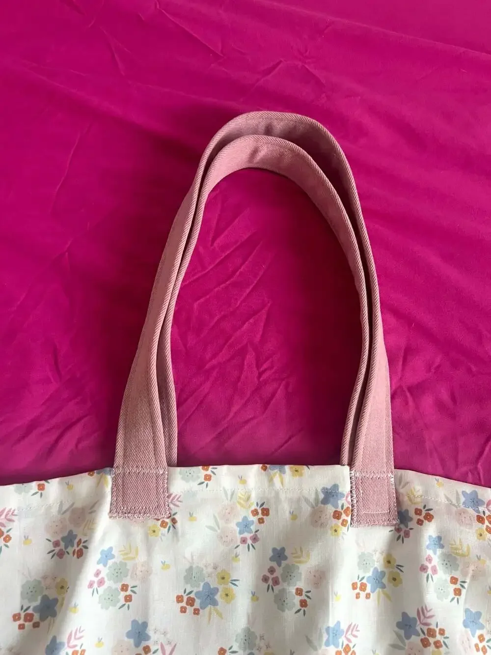 Handmade Cottagecore Pink Canvas and Floral Print Tote Bag